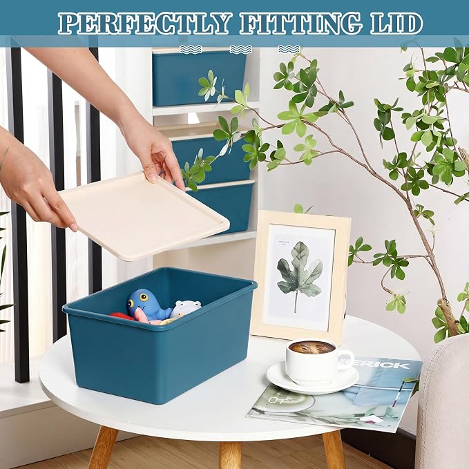 6 Pcs Large and Small Plastic Storage Bins with Lids 14.4 x 10.4 x 5.1 Inch Stackable Storage Containers Decorative Cubby Organizer for Clothes Shelves Garage Closet Office (Blue) - Image 3
