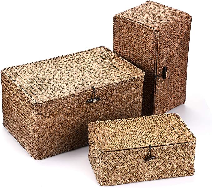 Hipiwe Set of 3 Seagrass Storage Baskets with Lid - Large Woven Wicker Bins | Rectangular Storage Basket Box Home Decor Household Organizer Boxes Shelf Wardrobe Organizer, Coffee - Image 5