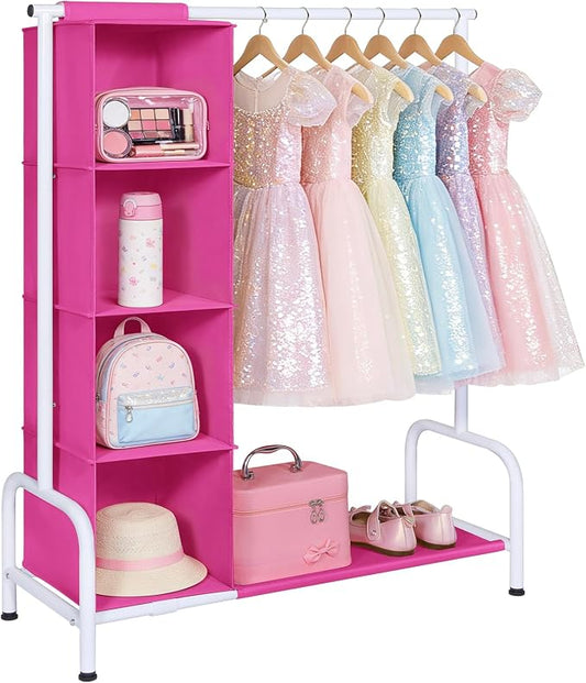 Univivi Kids Clothing Rack with Hanging Organizer, Rose Red and White | Toddler Dress Up Storage with Bottom Shelf, Sturdy Metal Baby Clothes Rack, Dress Up Rack for Nursery, Playroom, Bedroom by Univivi