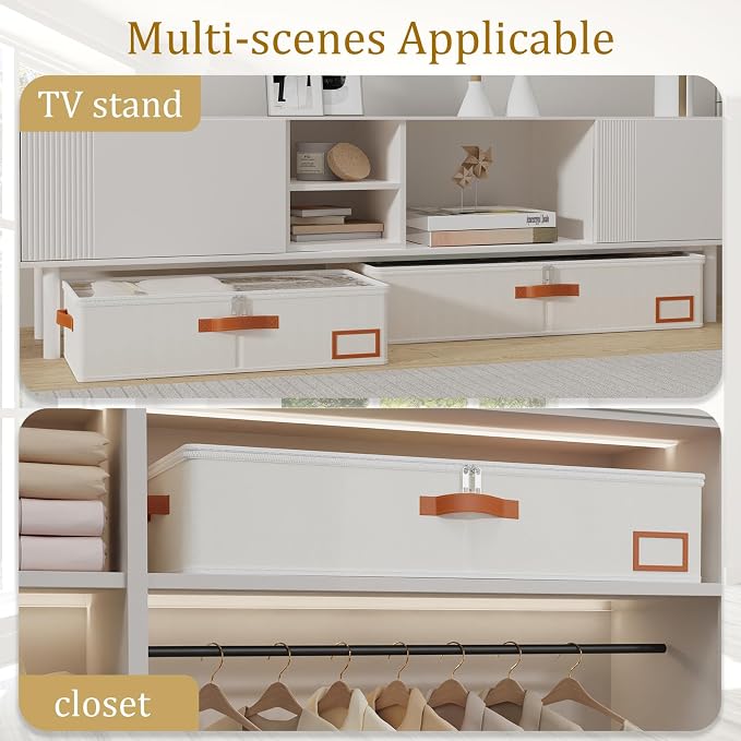 Yawinhe 48L Under Bed Storage Containers,4 Pack Blanket Bags,Beige | Foldable Underbed Storage Bins for Linen Sheets; Closet Organizer with Clear Window and 4 Handles, for Clothing - Image 5
