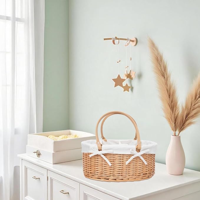 Wicker Diaper Caddy basket,Woven Baby Organizer for Nursery | Detachable Lining basket with PU Handles - Natural Woven Caddy for Newborn Bath, Closet & Registry Gifts - Image 3