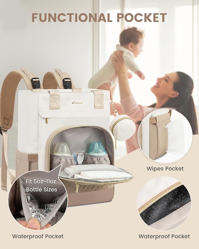 LOVEVOOK Diaper Bag Backpack, Large Capacity Portable Baby Bag with Foldable Diaper Changing Pad, Waterproof Baby Diaper Bags Gift for Mon Dad, Ivory Khaki - Image 4