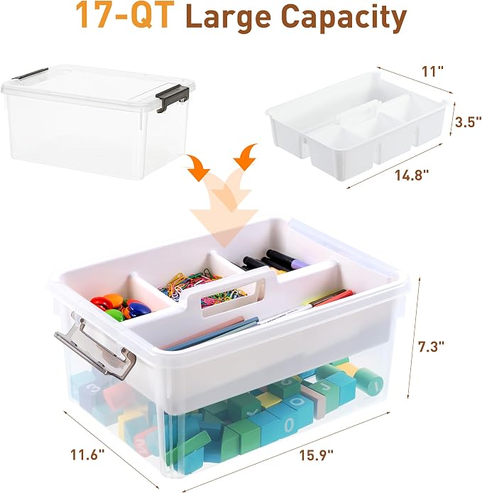 Citylife 17 QT Clear Craft Organizers and Storage Box with Handled Tray | Stackable Art Supply Organizer Storage Bins with Lids for Craft, Beads, Markers, Sewing, Tools, Playdoh, Coloring Books, - Image 2