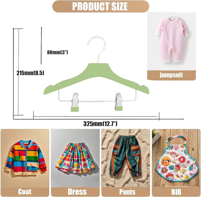 Green 12.7" Ultra-Thin Wooden Children Closet Clothes Clips Hangers 20PCS Wood Baby Kids Coat Hangers for Infant Toddler Newborn Jumpsuit Pants Skirts Jeans Space Saving Heavy Duty Durable - Image 2