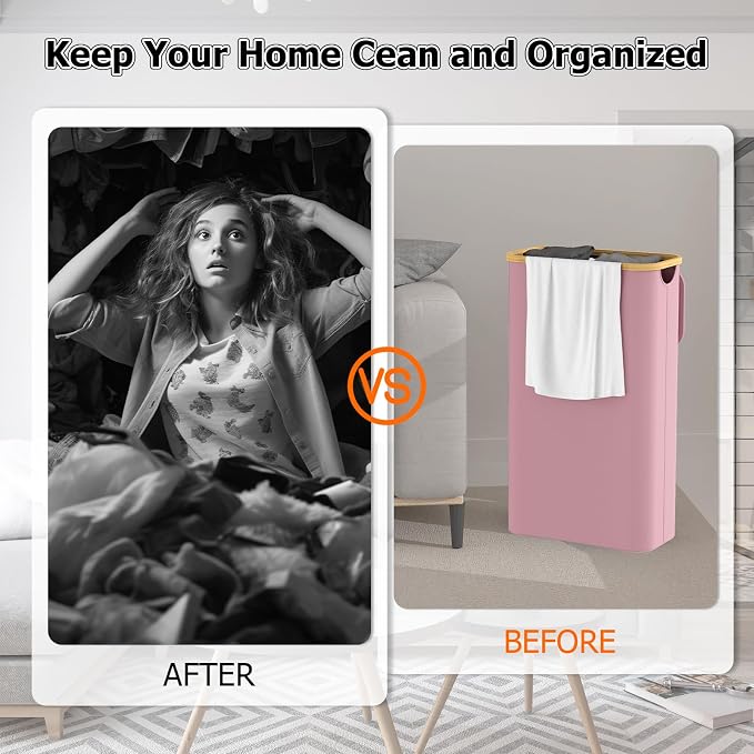 Slim Laundry Hamper with Lid, 60L Laundry Basket with Handles, Skinny Narrow Collapsible Dirty Clothes Hamper with Removable Laundry Bag for Bathroom Bedroom Dorm Clothes Toys Towels (Pink, 2 Pack) - Image 2