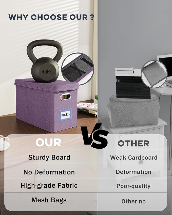 File Organizer with Lid, Hanging Filing Box with Mesh Pocket, Document Organizer for Letter Files, Portable Storage Box for Office & Home (1 PCS, Taro Purple) - Image 3