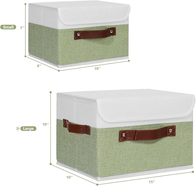 ANMINY Fabric Storage Box Bins with Lids, Green White, 15"x10"x10", 2 Pack | Keepsake Memory Storage, Cotton Linen, PP Board Reinforced, Washable, PU Handles, Foldable & Stackable, Decorative, Large - Image 5