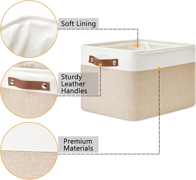 DULLEMELO Fabric Storage Bins for Laundry, Home, Foldable Storage Baskets for Shelves, Toys, Collapsible Storage Bins for Office, Closet,Bedroom(White&Khaki,L-15"x11"x9.5",4-Pack) - Image 3