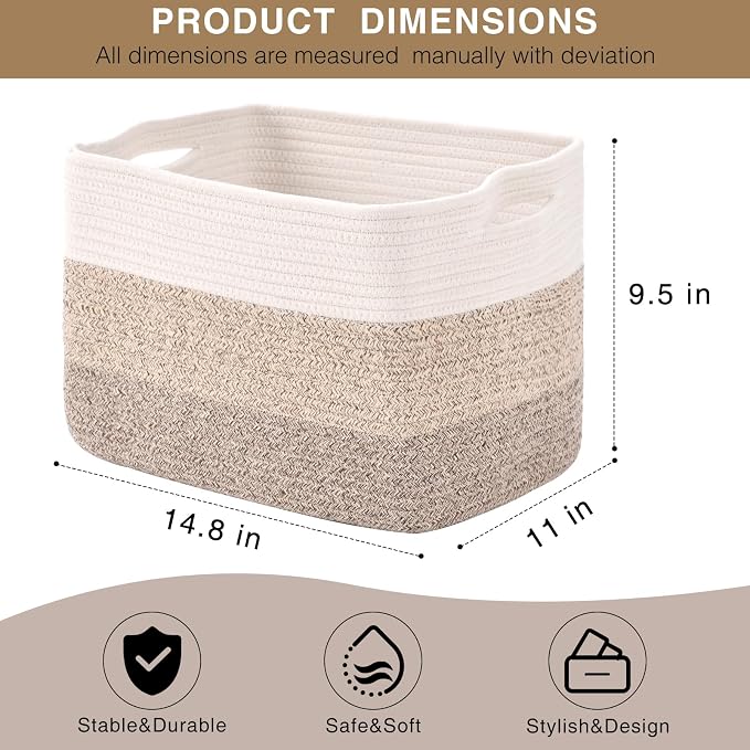 Storage Baskets for Organizing Shelves, Woven Cotton Rope Basket for Storage, Decorative Baskets for Shelves, Soft Basket for Living Room Bedroom, 14.8"×11"×9.5", Pack of 3, Gradient Brown - Image 2