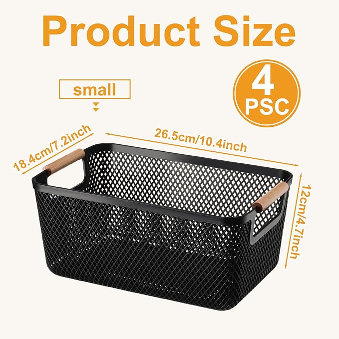 Tioncy 4 Pcs Plastic Mesh Baskets with Wood Handle Woven Mesh Storage Organizer Bins Multi-function Rectangle Baskets for Home Pantries Shelves Closet Kitchens Bedrooms(10.4 x 7.2 x 4.7 Inches) - Image 2