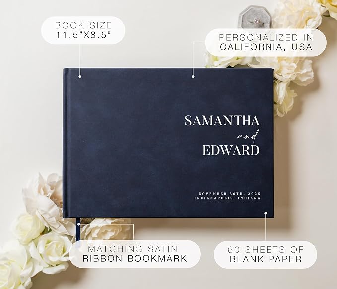 Personalized Guest Book - 11.5" x 8.5" Premium Custom Guest Signing Book with Bookmark and Blank Pages for Wedding Reception Table Decoration Engagement Birthday Party Event, Navy - Image 2