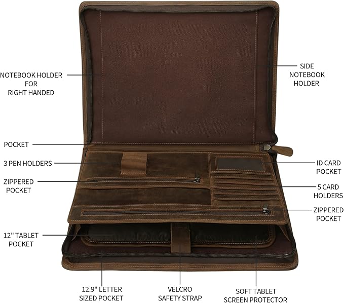 Ringsun Leather Portfolio Organizer with Zipper for Men Women, Leather Padfolio Business Resume Legal Pad Portfolio Notebook Binder for A4/Pad, Brown - Image 4