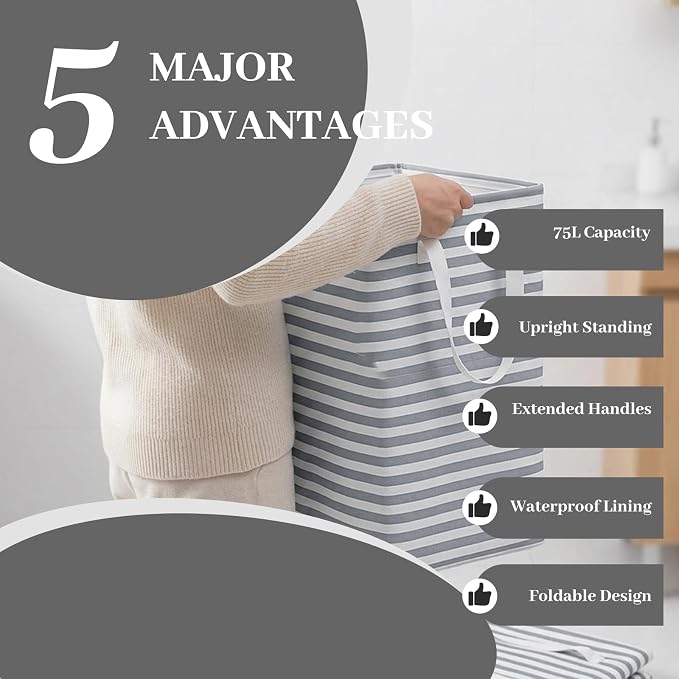 6Pack Waterproof Large Laundry Hamper Collapsible Laundry Baskets, Freestanding Laundry Hampers Dirty Clothes Hamper with Reinforced Handles in Laundry Room, Bathroom, Bedroom (75Lx6, White) - Image 4