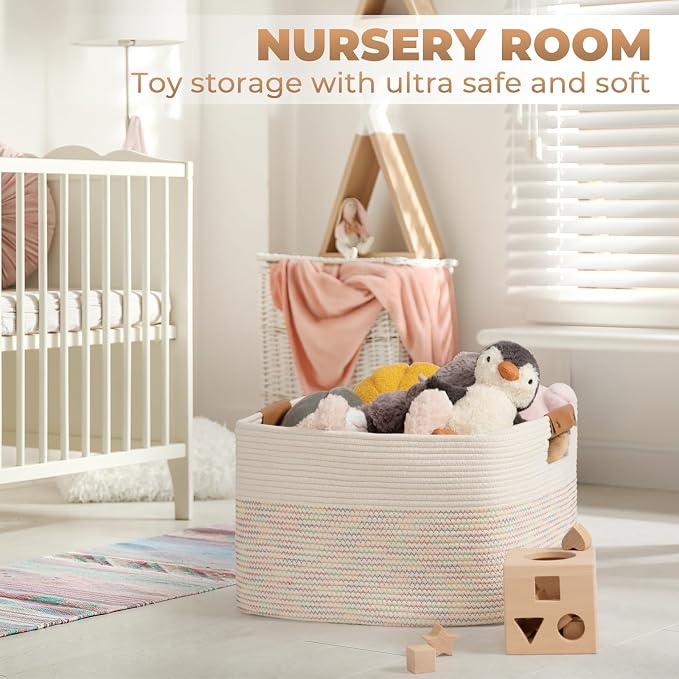 108L Large Basket for Living Room, Boho Decorative Basket Organizing with Handles, Cotton Rope Storage for Toys, Pillows, Clothes, 25’’*16’’*16’’ Rainbow - Image 3
