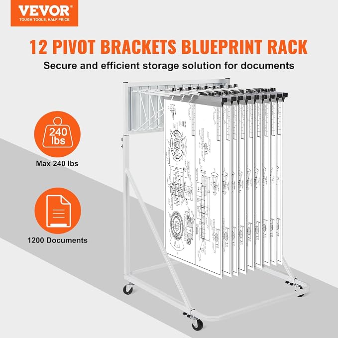 VEVOR Mobile Blueprint Storage Rack, Plan Holder with 12 Pivot Brackets, Mobile Blueprint Holder Adjustable Height & Length, Poster Display Rack for Office and Home (Rack Only Without Clamps) - Image 2