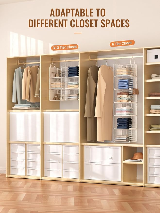 6 Tier Closet Hanging Organizer, Metal Closet Organizers and Storage with 4 Hanging Hooks 4 S-Hooks for Wardrobe Laundry Room, Wire Storage Shelf for Clothes Sweaters Pants (White) - Image 5