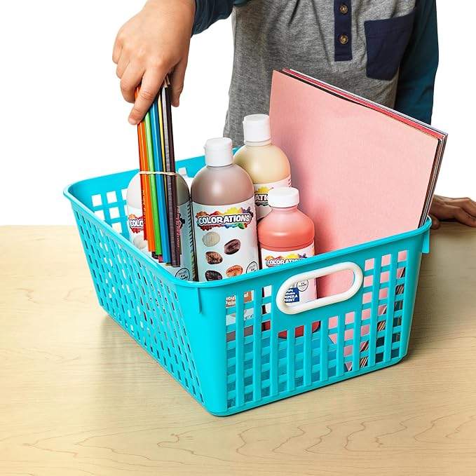 Really Good Stuff Large Plastic Book Baskets, 13.25" by 10" by 5.5"-12-Pack | Neon Blue, Classroom Library Organizer, Storage, Multi-Purpose Organizer Basket - Image 2