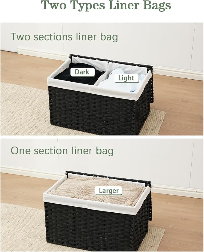 SETVSON Storage Basket with Lid PE Rattan Storage Basket 105L, Black | 27.8 Gallon Storage Bin with 2 Separate Lids, 2 Removable Liners for Clothes & Blankets, Sturdy Metal Frame, PE Rattan - Image 7