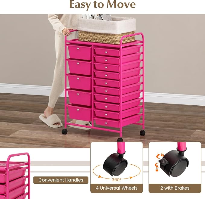 RELAX4LIFE 15-Drawer Storage Drawer Carts - Mobile Rolling Utility Cart w/Wheels, Craft Organizer for Classroom Organization and Storage, School, Office, Home, Storage Organizer Cart - Image 5