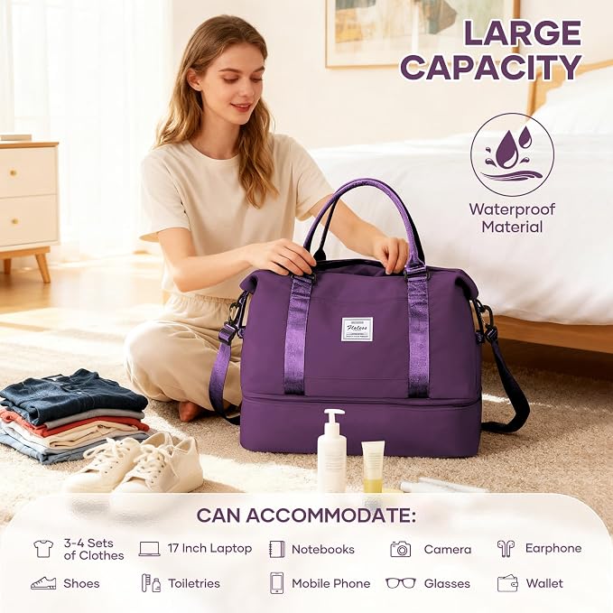 Travel Duffel Weekender Bag Women Tote Carry On Bags With Shoe Compartment | 18x14x8 inches Travel Overnight Bags with Trolley Sleeve for Airplanes Sport Tote Gym for Men Lightweight Daypack DeepPurple - Image 5