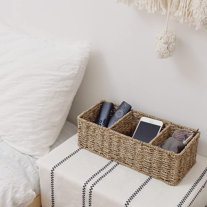StorageWorks Wicker Toilet Basket Tank Topper, Seagrass Storage Baskets | Wicker Basket, Toilet Paper Storage for Back of Toilet Tank, Woven Baskets for Shelves, Wicker Baskets with 3 Compartments - Image 4