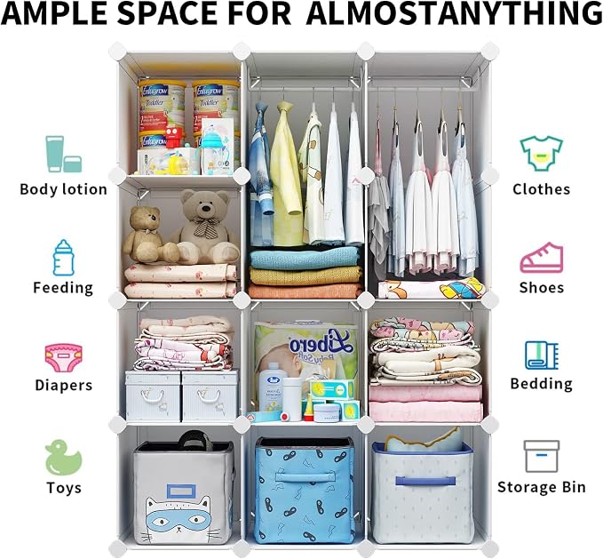 VIPZONE Baby Closet,Dresser, Kids Closet Organizers, Portable Kids Wardrobe for Closet, Bedroom, Nursery, Cubby, Cabinet, Clothes, Dress, Baby Storage Shelf, Armoire Clothes Hanging (12 Cube, White) - Image 3