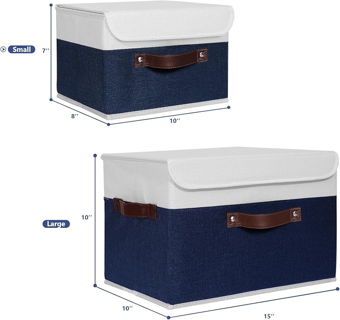 ANMINY Fabric Storage Box Bins with Lids, Blue White, 10"x8"x7" | Keepsake Memory Storage, Cotton Linen, PP Board Reinforced, Washable, PU Handles, Foldable & Stackable, Decorative, Small - Image 4