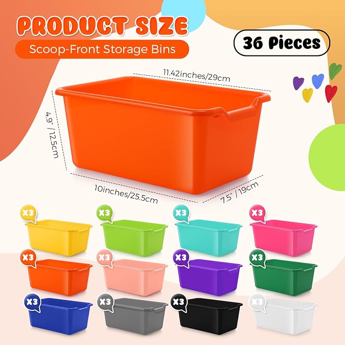 36 Pcs Book Bins for Classroom Plastic Cubby Bins Bright Color | Scoop Front Storage Bins for Classroom Library Stackable Toy Containers for School Office Home Nursery Playroom - Image 2