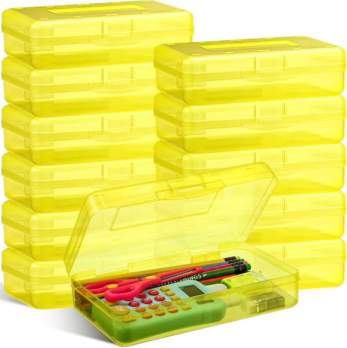 Fainne 24 Pack Clear Plastic Pencil Box,Yellow | Stackable Organizer for School Supplies, Large Case for Crayons Markers, Snap-lid Keeps Stationery Secure, Bulk Set by Fainne