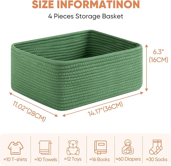 OIAHOMY 4 Pack 14.17 * 11.02 * 6.3IN Storage Baskets for Organizing Shelves, Woven Rope Baskets for Organizing Books, Clothes, Decorative Basket for Living Room, Nursery, Bedroom, Gift Basket, Green - Image 2