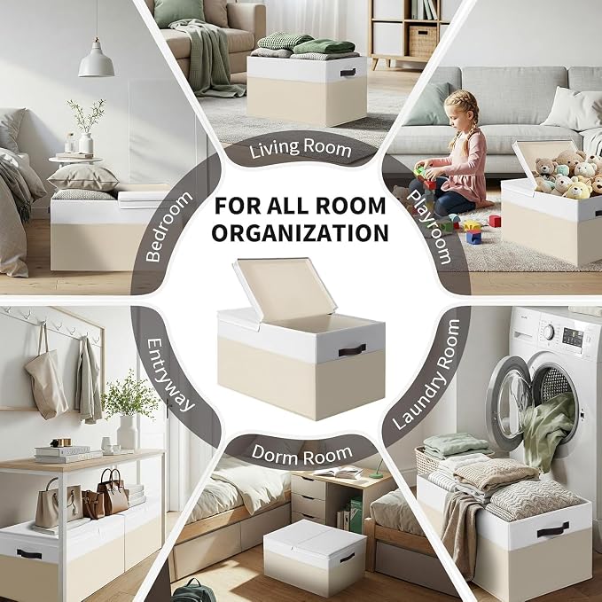 2 Pack EXTRA LARGE Blanket Storage Baskets with Lids, 22”x16”x12” Closet Organizers Bins for Clothes Towel/ Toy Storage Box with Lid Handles/ Stackable Decorative Fabric Bins for Living Room, Nursery - Image 4