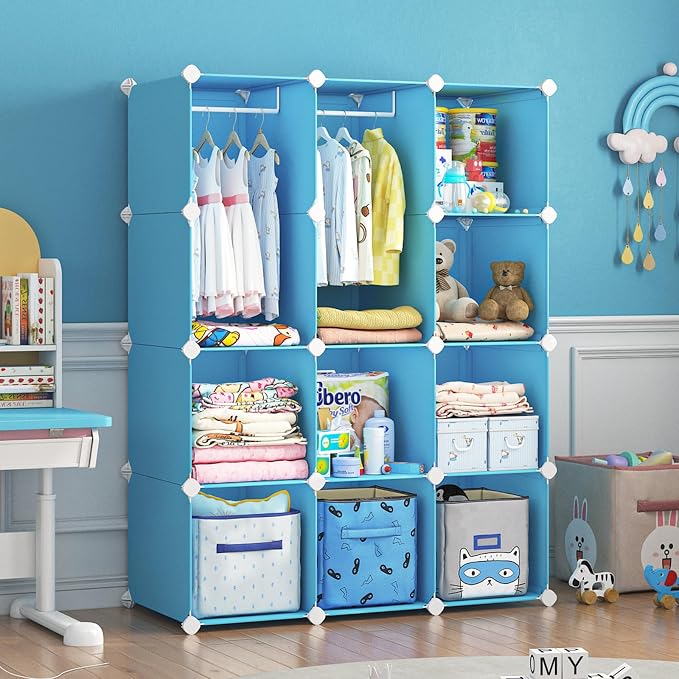 VIPZONE Baby Dresser, Kids Closet Organizers, Portable Kids Wardrobe for Closet, Bedroom, Nursery, Cubby, Cabinet, Clothes, Dress, Baby Storage Shelf, Armoire Clothes Hanging (Blue) - Image 5