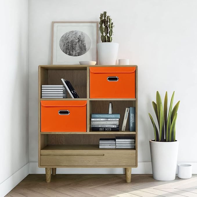 Linen Fabric Foldable Collapsible Storage Cube Bin Organizer Basket Fabric Storage Bins with Lid, Leather Handles, Removable Divider for Home, Closet, Orange - Image 5