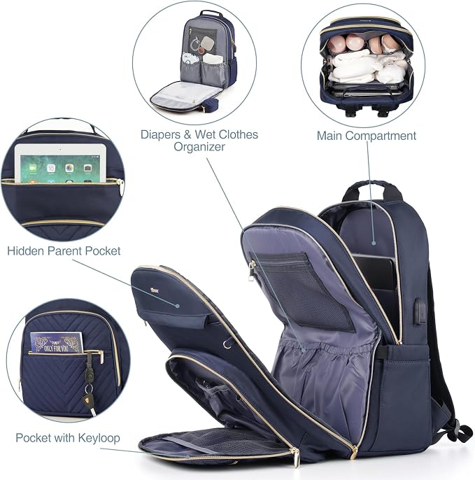 Diaper Bag Backpack, Quilted Baby Bag with Changing Pad & Stroller Straps & Pacifier Case, Large Travel Diaper Bags for Mom Dad, Blue - Image 3
