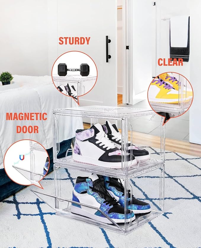 KDOR Clear Plastic Shoe box Organizer, 3 Pack Stackable Sneaker Boxes, Transparent Display Case with Magnetic lid, Tidy Home & Office Closet Storage - Image 3