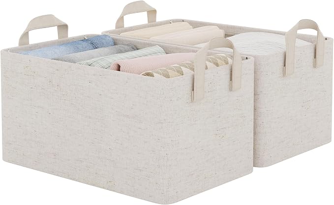 StorageWorks Fabric Storage Bins, Linen Closet Organizers, Beige, 2-Pack | With Reinforced PU Handles, Metal Frame, Sturdy Structure, Collapsible, for Closet, Shelves, Holds Clothes, Towels, Blankets by StorageWorks