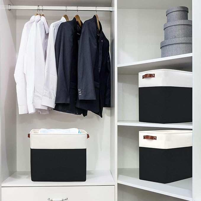 Large Fabric Storage Baskets | 50L Storage Bins, Decorative Linen Closet Baskets with Handles for Organizing, Shelf, Toys, Clothes, Home, Office, Nursery, 17x12x15Inches (Black&White) - Image 2