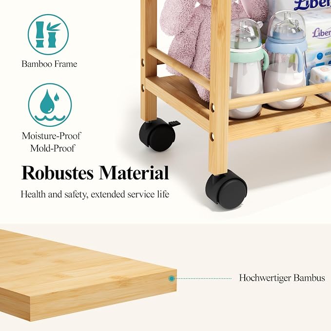 Bamboo Diaper Caddy Cart with Wheels - 3-Tier Rolling Storage，Beige | Removable bins, side pockets, sturdy handle, smooth wheels. For nursery, living room, laundry, pet. Natural bamboo, versatile - Image 3