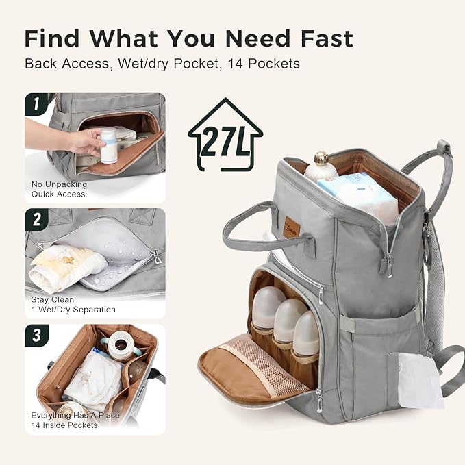 Diaper Bag Backpack with Wet/Dry Pocket, Changing Pad, 27L Grey | 14 Pockets, 3 Insulated Bottle Pockets & Rear Opening for Organizing, Stroller Straps & Luggage Sleeve for Travel - Image 4