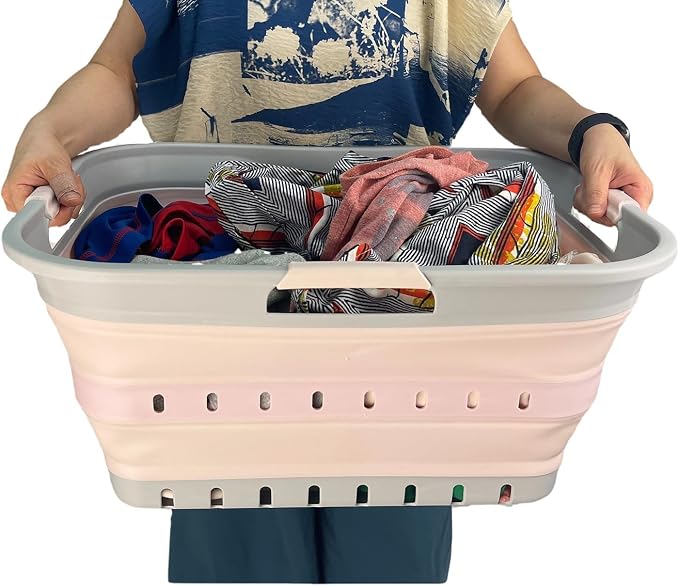 SAMMART 42 (11 Gallons) Collapsible Plastic Laundry Basket, Foldable Pop Up Storage Container/Organizer, Space Saving Hamper, Portable Bin for Dorm Room Bathroom (1, Grey/Pink) - Image 6