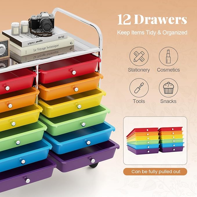 RELAX4LIFE 12-Drawer Rolling Storage Cart Mobile Craft Organizer Colorful | 24.5" Size, 4 Rolling Casters, Metal Frame, For School Teacher Office Salon Art File Supplies - Image 4