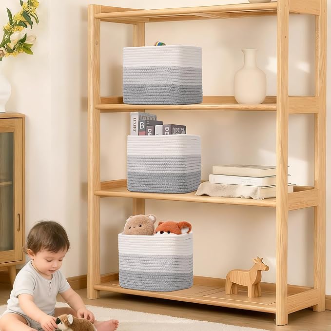 3 Pack Cube Storage Bin, 9”x9”x7” Cotton Rope Woven Baskets for Organizing Toys Clothes Towels, Square Gift Storage Baskets for Shelves, Nursery, Closet, Bathroom, Pantry (Gradient Grey) - Image 7