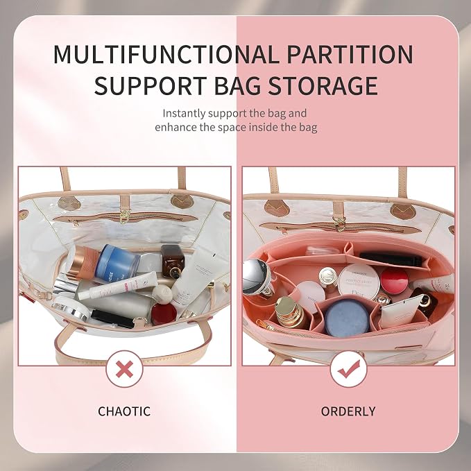 Purse Organizer Insert for Handbags & Base Shaper 2pc Set, Felt Neverfull PM Organizer Insert, Tote Bag Organizer with Zipper Pocket and Bottle Holder, Fit Neverfull PM and More, Pink-M - Image 6