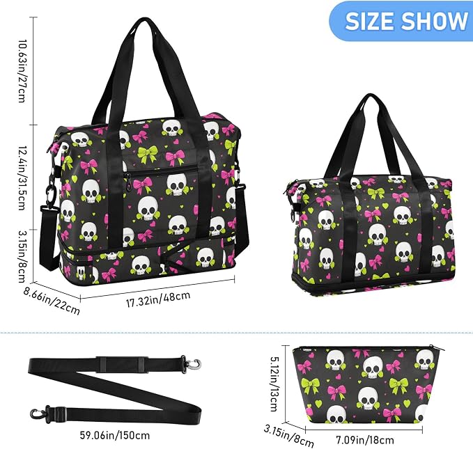 Travel Duffel Tote Bag Skull and Bow Sports Duffel Bag with Wet Pocket Weekender Overnight Bag for Women Men Gym Bag, Carry On Bag Hospital Bag for Labor and Delivery - Image 6