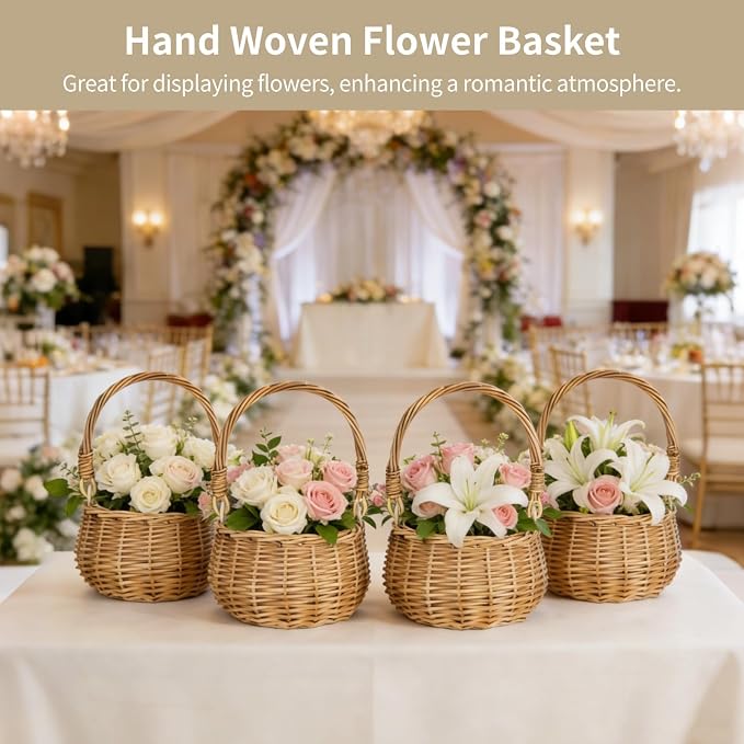 4 Pcs Small Flower Basket Set, Hand Woven Wicker Basket with Handle, Multifunctional Rustic Baskets for Wedding Party and Home Decoration, Gifts Storage - Image 2