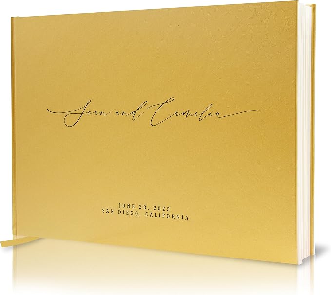 Personalized Guestbook in Gold - Premium Custom Modern Guest Book for Wedding Reception, Birthday Party or Events w/Bookmark Blank Pages for Signing 11.5 x 8.5 inches by MUUJEE