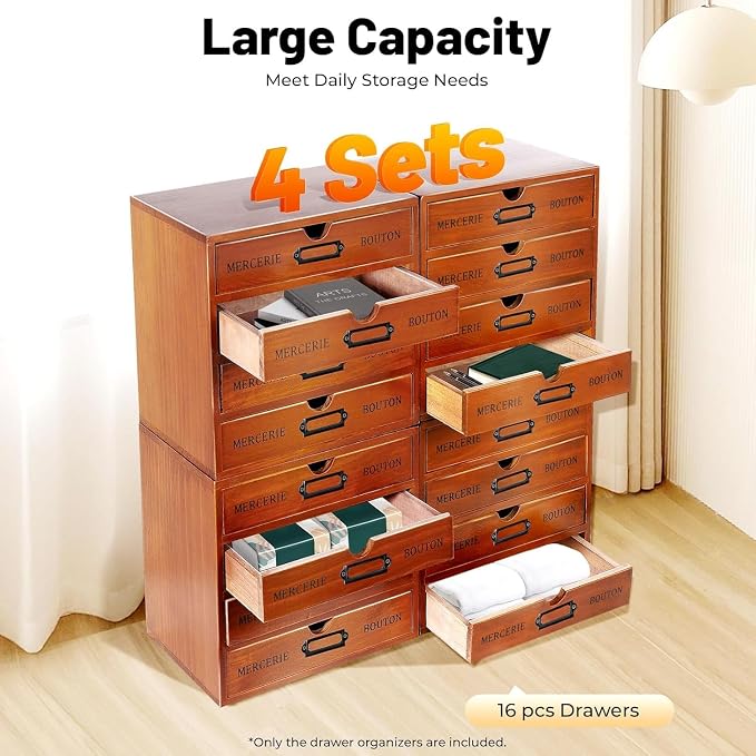 Vintage Wooden Drawer Organizer with 16 Drawers, 4-Tier Stackable Desktop Storage Box for Office, Home, Craft Supplies – Compact Space-Saving Design, Sturdy Pine Wood Construction, Built-In Label - Image 3