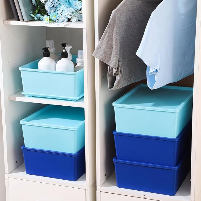 6 Pcs Large Plastic Storage Bins with Lids, Blue | 14.4 x 10.4 x 5.1 Inch, Stackable Storage Containers, Decorative Cubby Organizer for Clothes Shelves Garage Closet Office - Image 4
