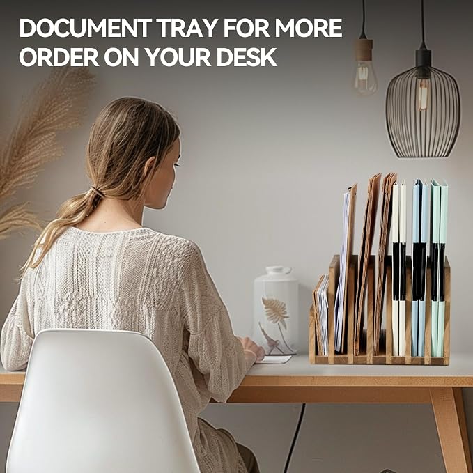 KIRIGEN Wooden File Organizer, 7-Slot Upright Holder for Desk, Brown 7K-DBR | Seven Upright Slots Sort Mail, File Folders, Papers, Bills, Envelopes, and Notebooks; 9.92 x 10.35 x 7.08 In, No Assembly - Image 5