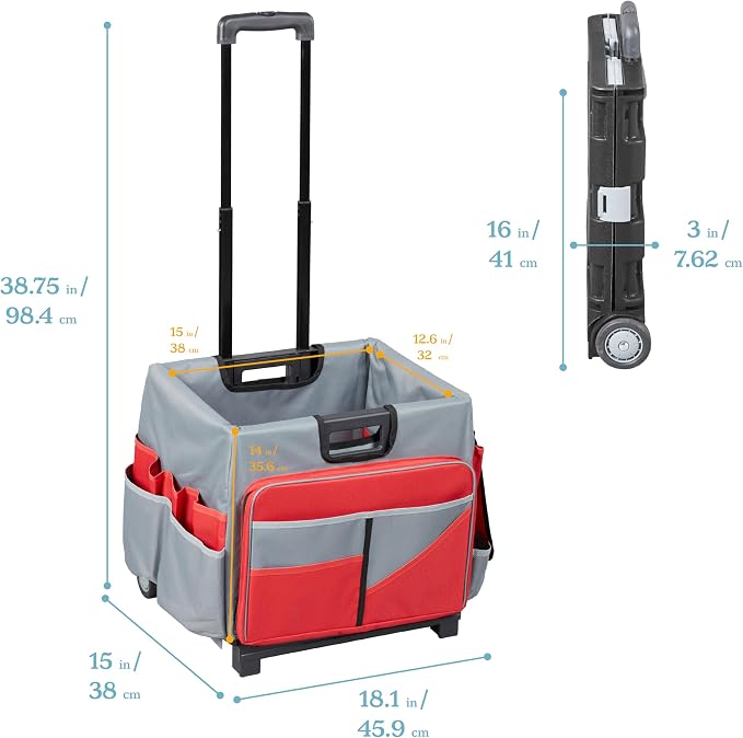 ECR4Kids Universal Rolling Cart with Canvas Organizer Bag, Mobile Storage, Red/Grey | Durable plastic, 30 compartments, adjustable handle, 40 lb capacity, collapses to 3" thick, rolling wheels for easy transport - Image 2